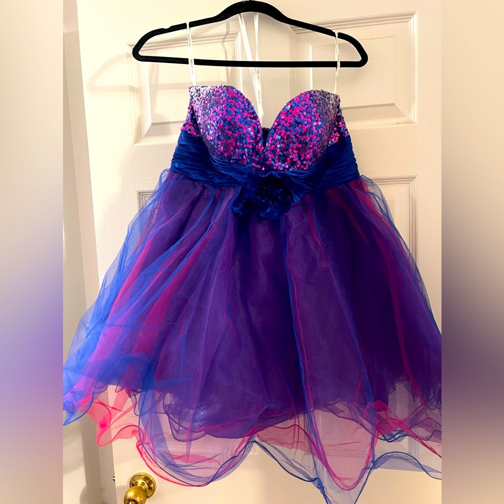 SHERRI HILL Purple Strapless Sequin Tulle Mini Dress(sz12-14)